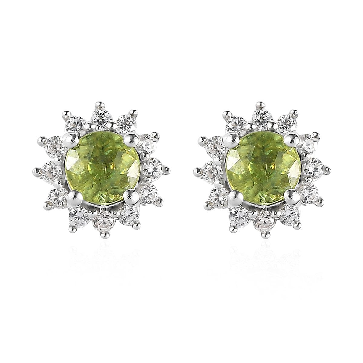 AAA Sava Sphene and White Zircon Sunburst Stud Earrings in Platinum Over Sterling Silver 0.90 ctw
