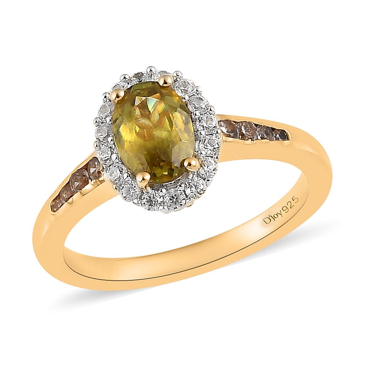 AAA Sava Sphene, Natural White Zircon and Coffee Zircon Halo Ring in Vermeil Yellow Gold Over Sterling Silver (Size 10.0) 1.35 ctw