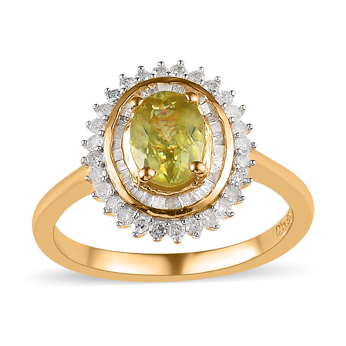 AAA Sava Sphene and Diamond Sunburst Ring in Vermeil Yellow Gold Over Sterling Silver 1.25 ctw