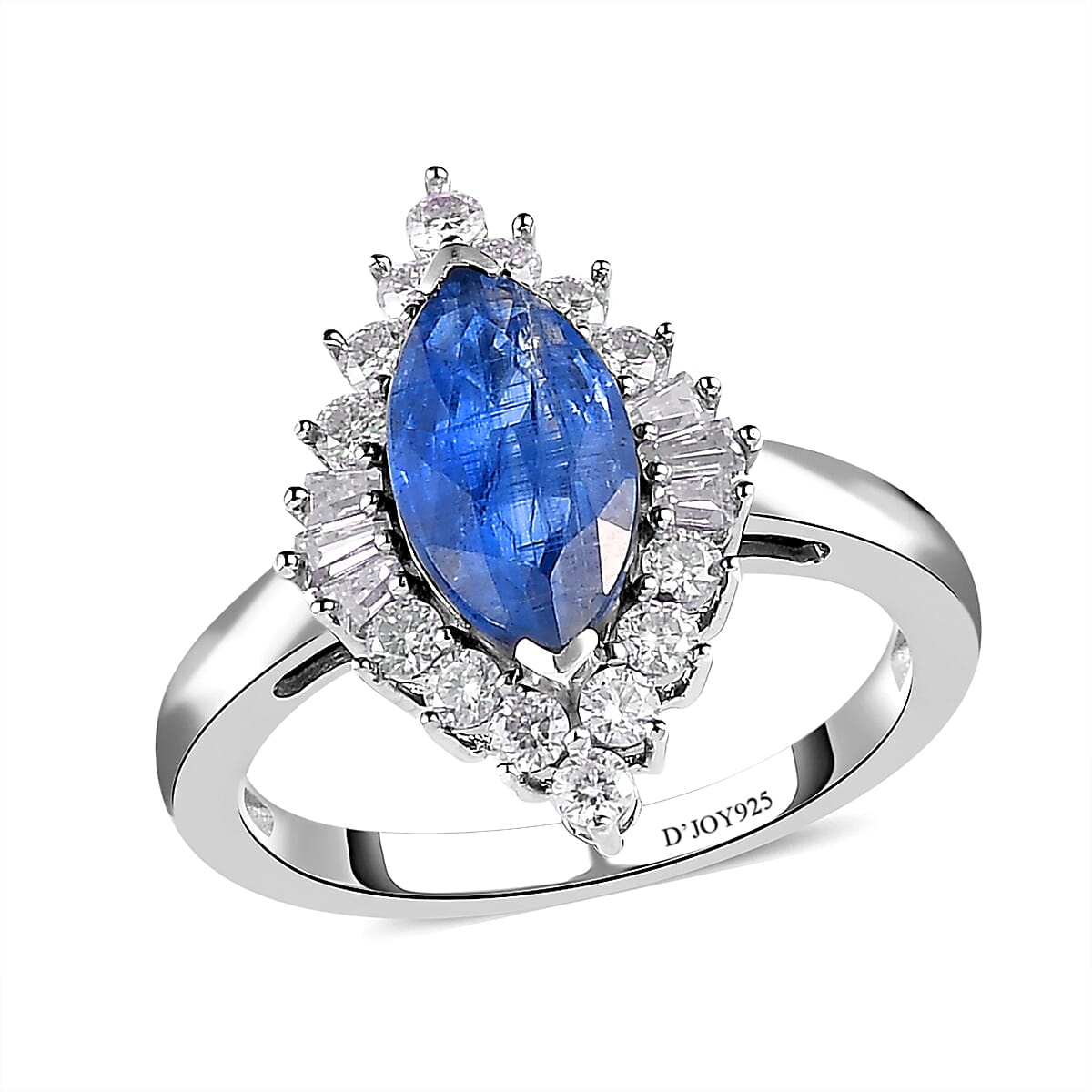 Kashmir Kyanite and Moissanite Halo Ring in Platinum Over Sterling Silver 3.25 ctw