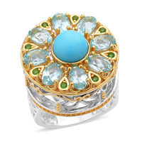 American Natural Sleeping Beauty Turquoise and Multi Gemstone Carousel Ring in Vermeil Yellow Gold and Platinum Over Sterling Silver 11.65 Grams 5.75 ctw