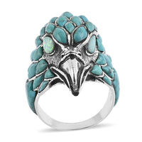 Santa Fe Style Spiny Turquoise, Lab Created Opal Men's Ring with Hawk Head in Sterling Silver (Size 10.0) (14.40 g) 3.50 ctw