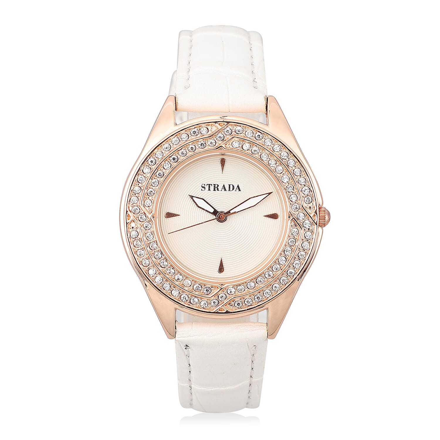 STRADA Austrian Crystal Japanese Movement Watch with White Faux Leather Strap and Stainless Steel Back
