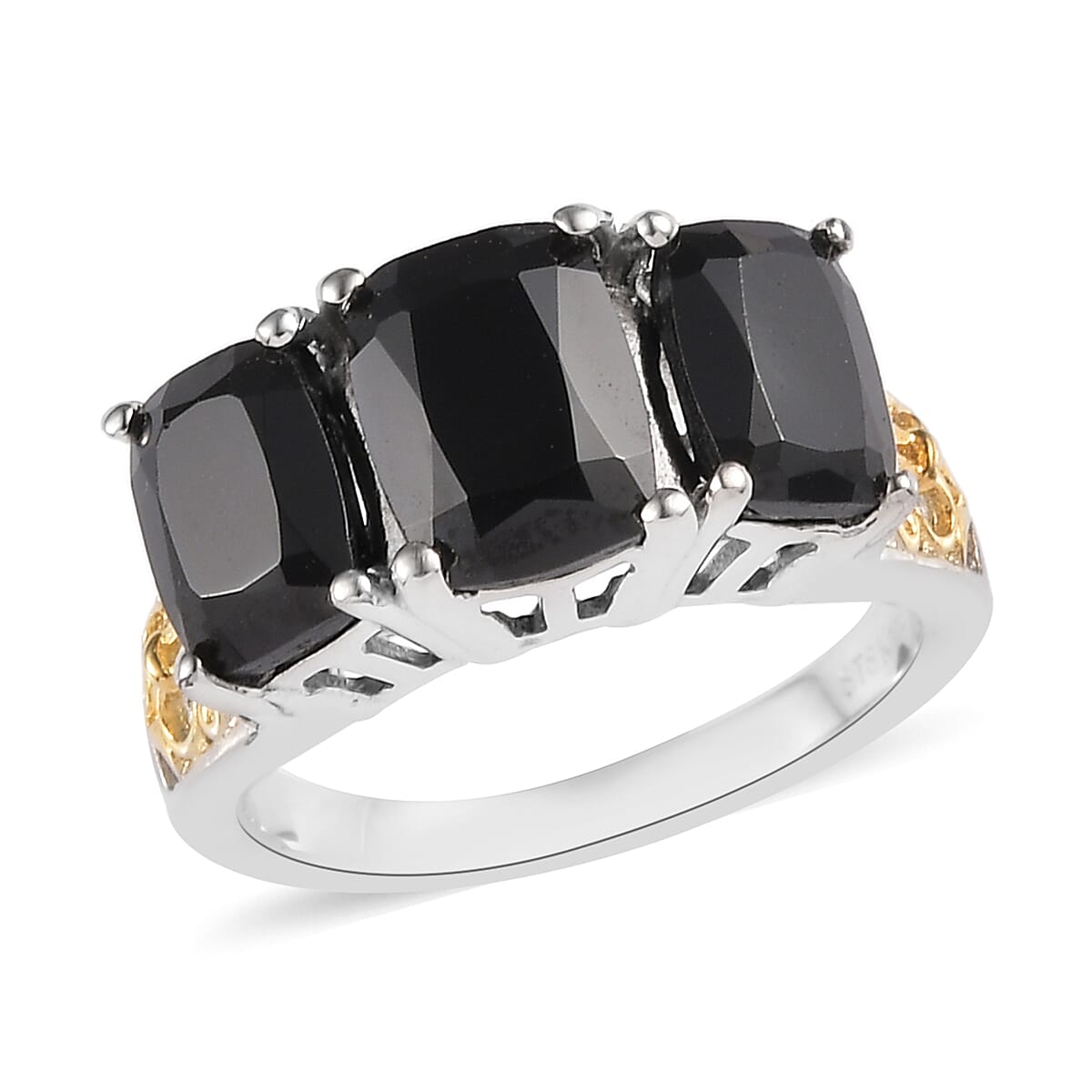 Karis Natural Thai Black Spinel 3 Stone Ring in 18K YG Plated and Platinum Bond 4.85 ctw