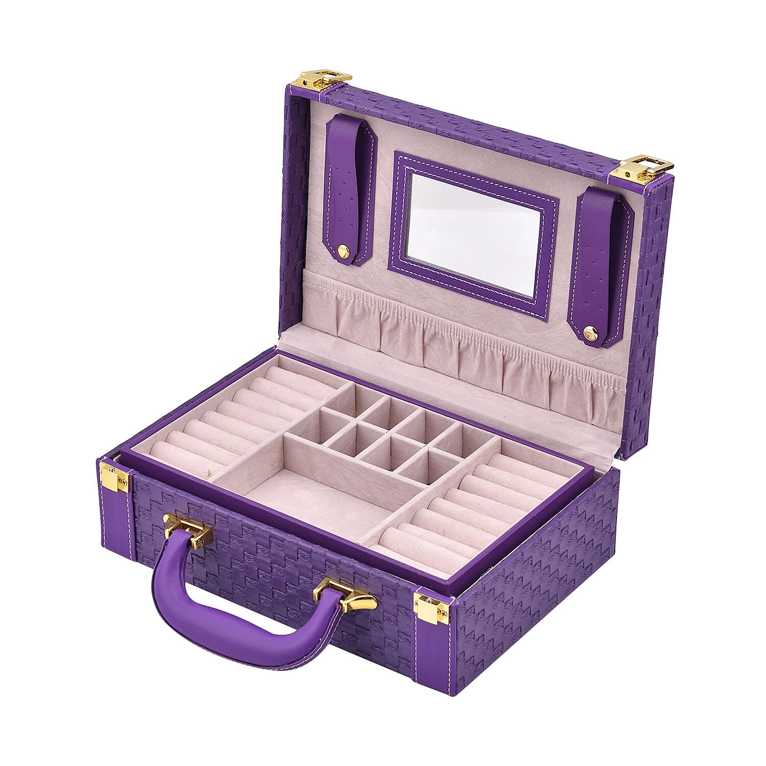 Purple Faux Leather Woven Texture 2 Layer Briefcase Jewelry Box (10.8