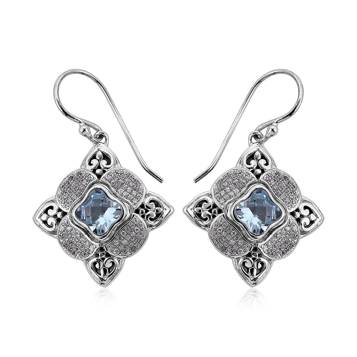 Bali Legacy Blue Topaz and Simulated Diamond Floral Earrings in Sterling Silver 0.90 ctw
