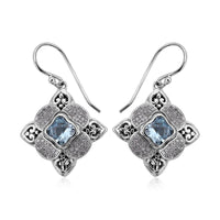 Bali Legacy Blue Topaz and Simulated Diamond Floral Earrings in Sterling Silver 0.90 ctw