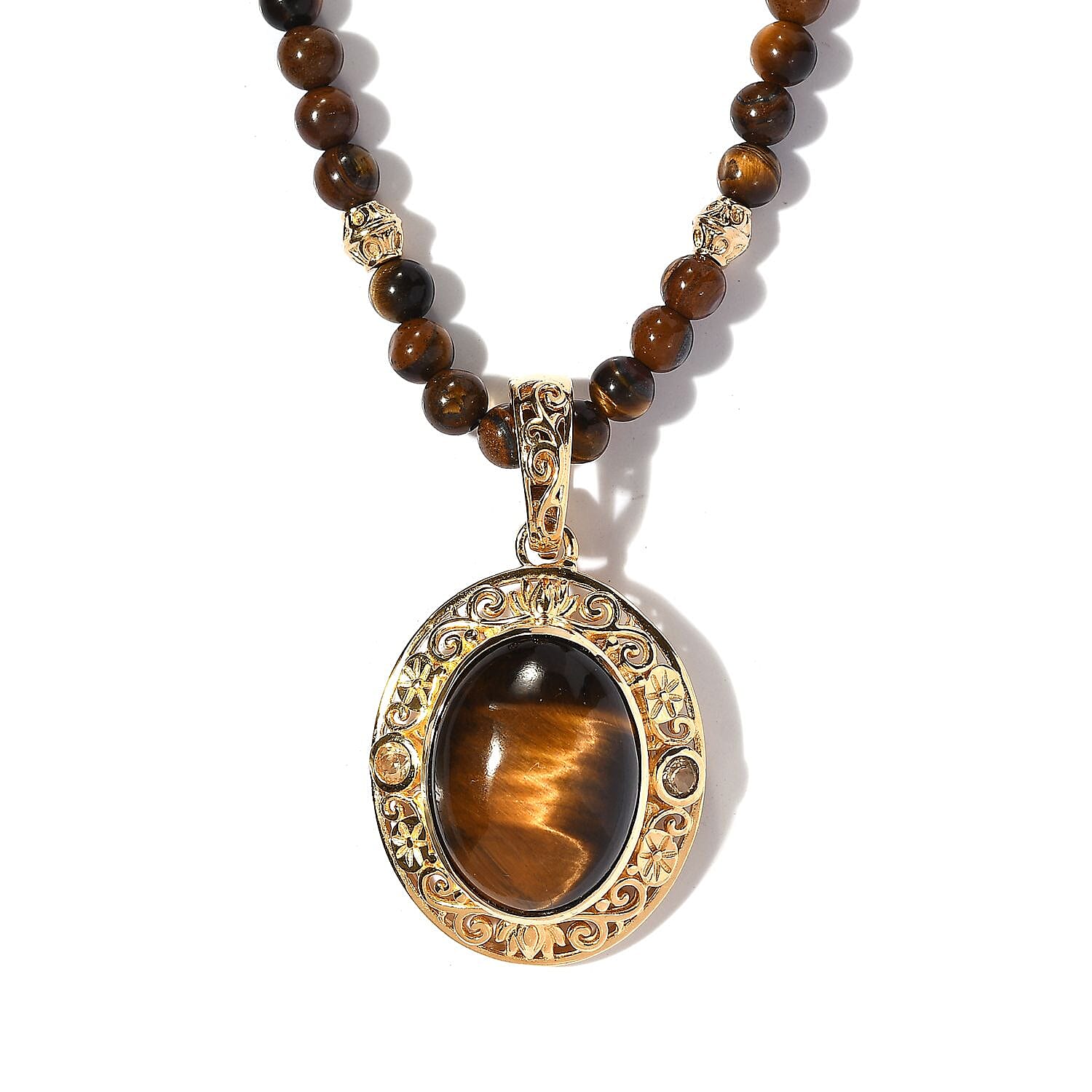 TLV Tiger's Eye, Brazilian Citrine Beaded Necklace (18 Inches) in 14K YG Over Copper 48.40 ctw