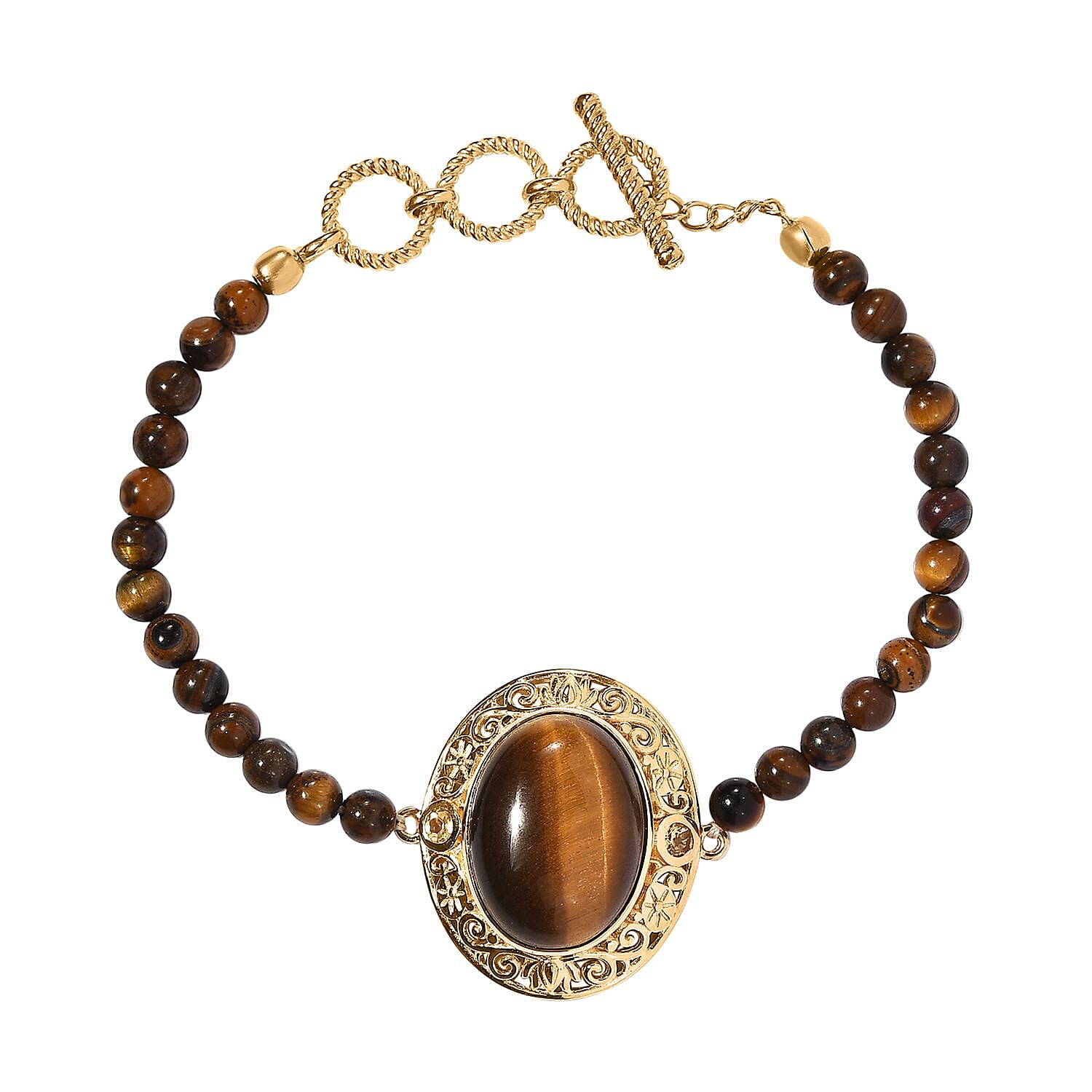 TLV Tiger's Eye, Brazilian Citrine Beaded Bracelet in 14K YG Over Copper (7.25 In) 26.60 ctw