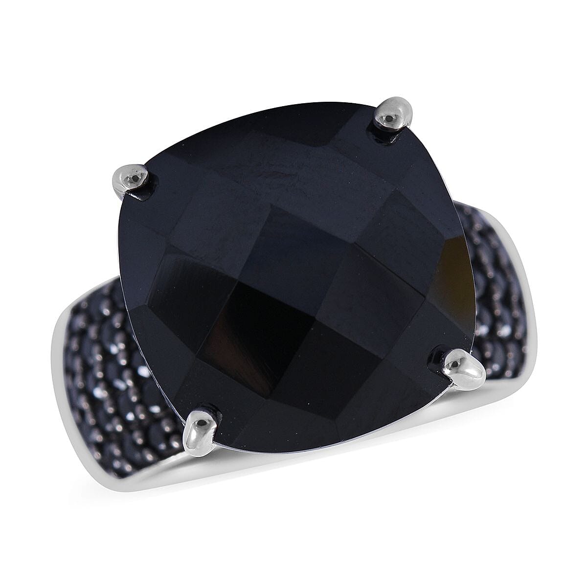 Checkerboard Cut Natural Thai Black Spinel Ring in Platinum Over Sterling Silver 14.00 ctw