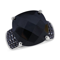 Checkerboard Cut Natural Thai Black Spinel Ring in Platinum Over Sterling Silver 14.00 ctw