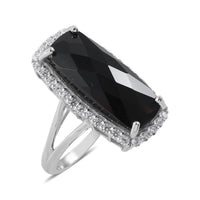 Checkerboard Cut Natural Thai Black Spinel and Natural White Zircon Ring in Platinum Over Sterling Silver 13.75 ctw
