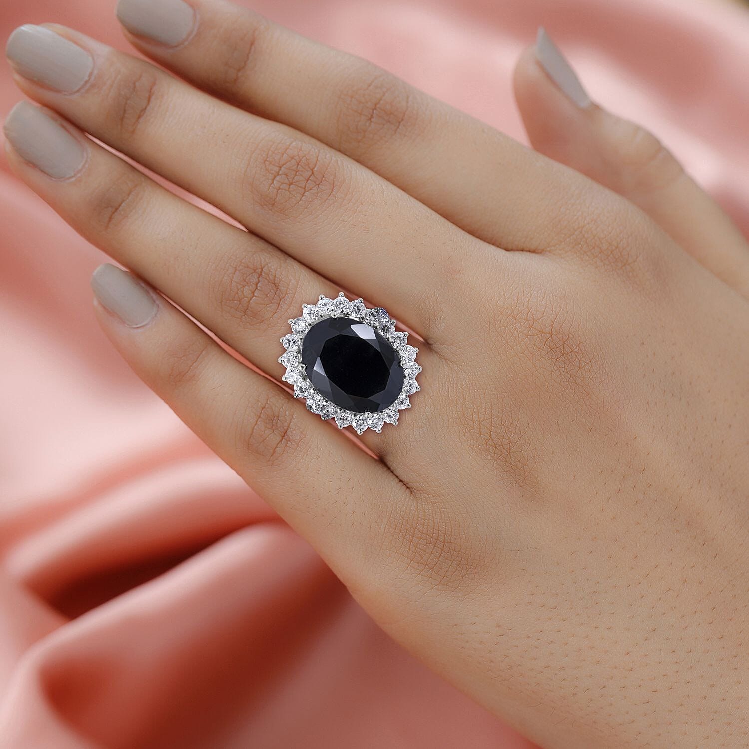 Natural Thai Black Spinel and Natural White Zircon Sunburst Ring in Platinum Over Sterling Silver 22.10 ctw (Delivery in 5-7 Business Days)