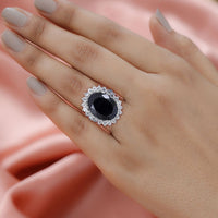 Natural Thai Black Spinel and Natural White Zircon Sunburst Ring in Platinum Over Sterling Silver 22.10 ctw (Delivery in 5-7 Business Days)