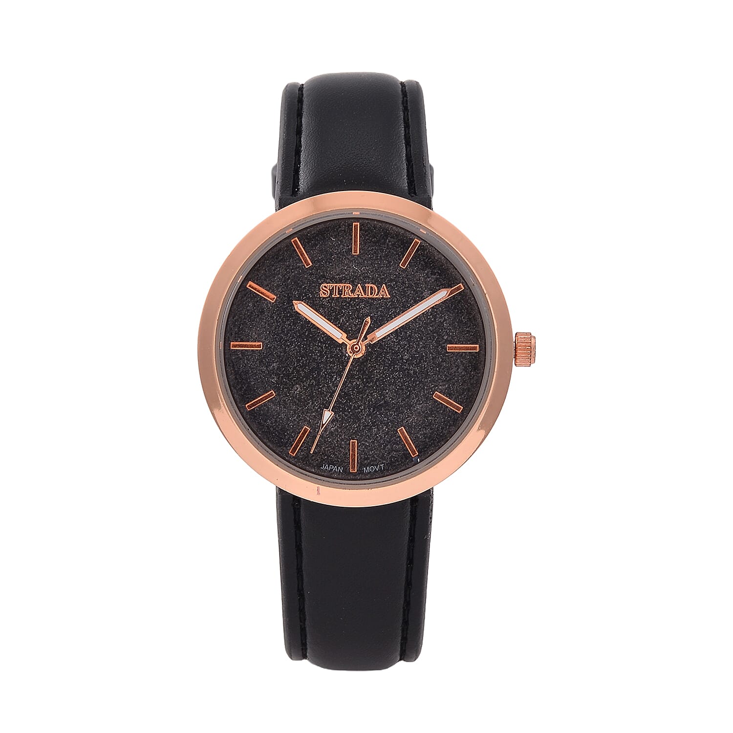 Strada Japanese Movement Black Stardust Dial Watch with Black Faux Leather Strap