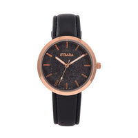 Strada Japanese Movement Black Stardust Dial Watch with Black Faux Leather Strap