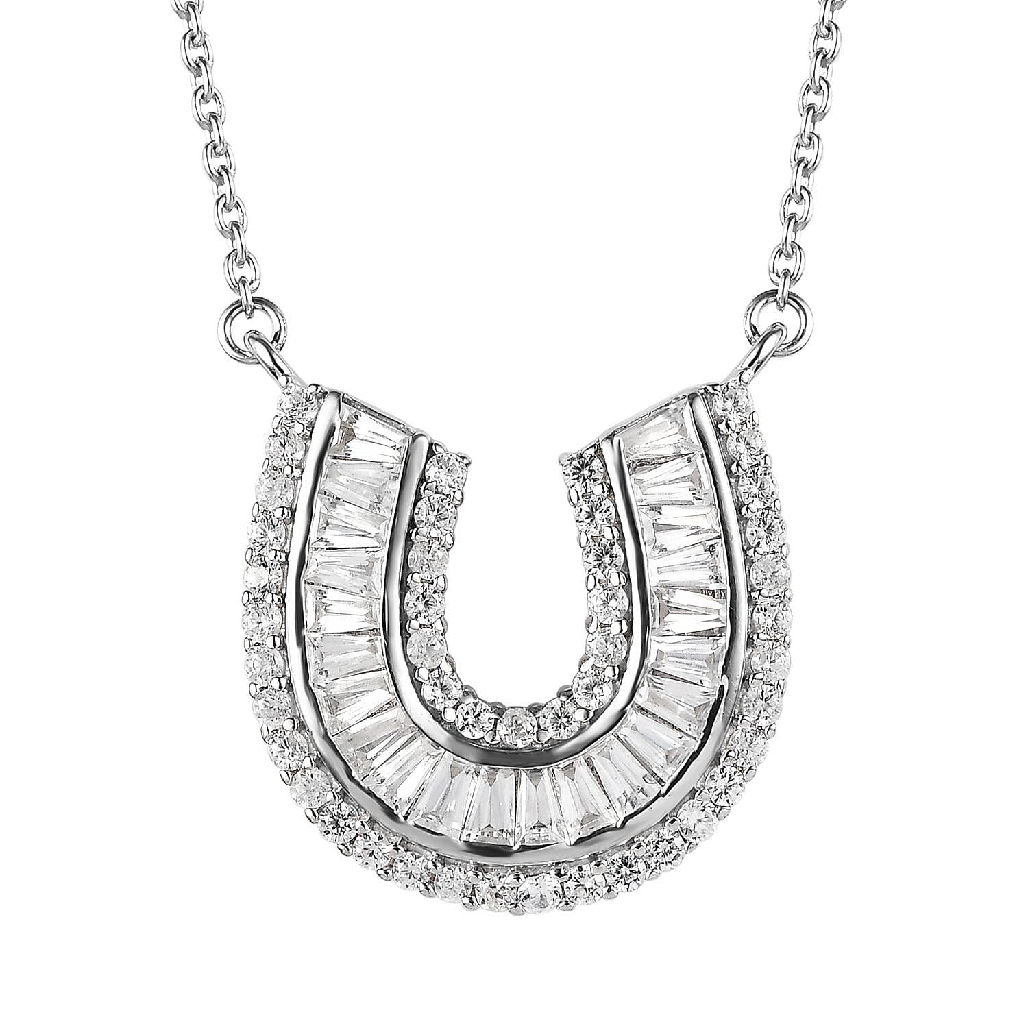 White Zircon Lucky Horseshoe Necklace 18 Inches in Platinum Over Sterling Silver 2.90 ctw