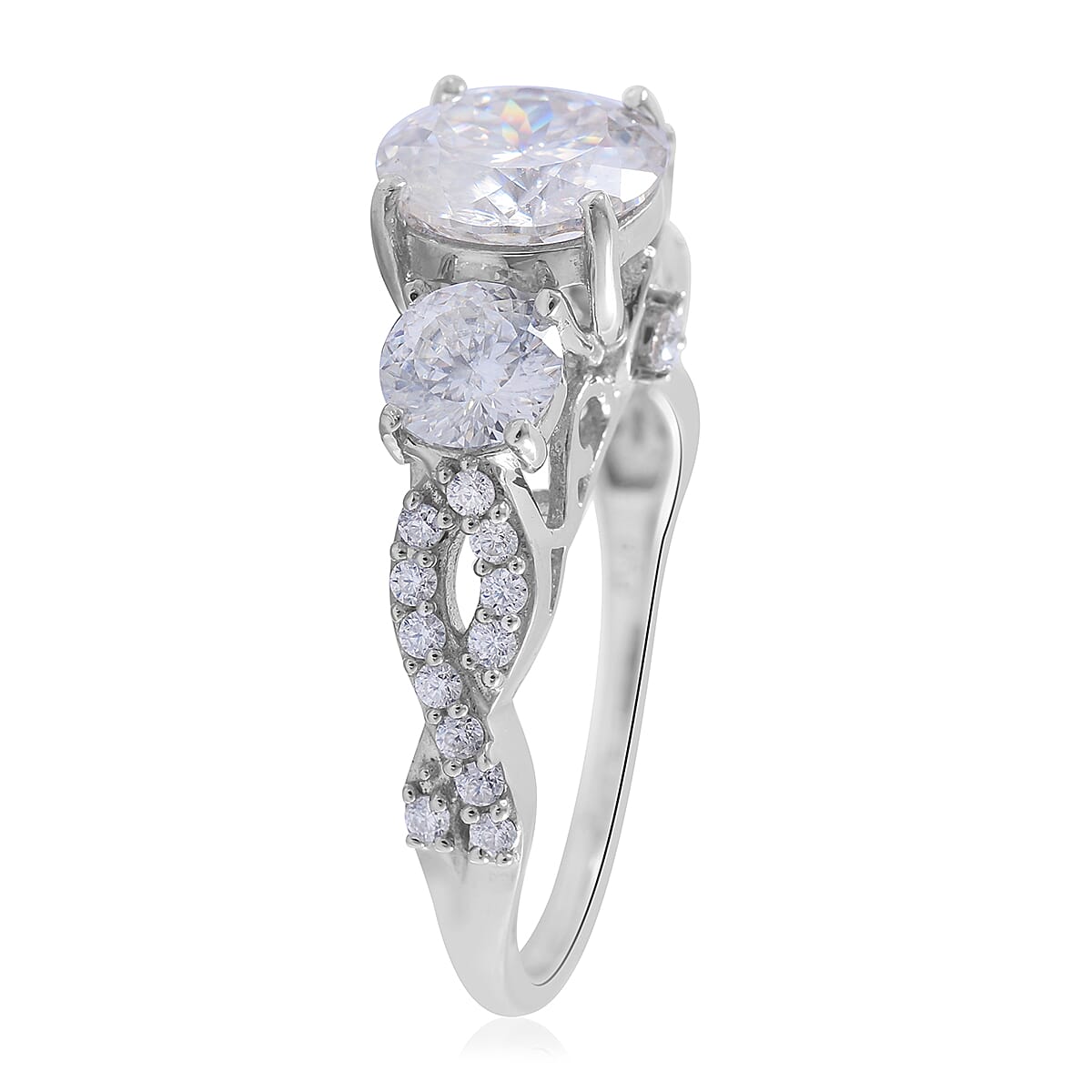 TLV 100 Facet Moissanite (Rnd 8mm) Ring in Platinum Over Sterling Silver (Size 10.0) 3.00 ctw
