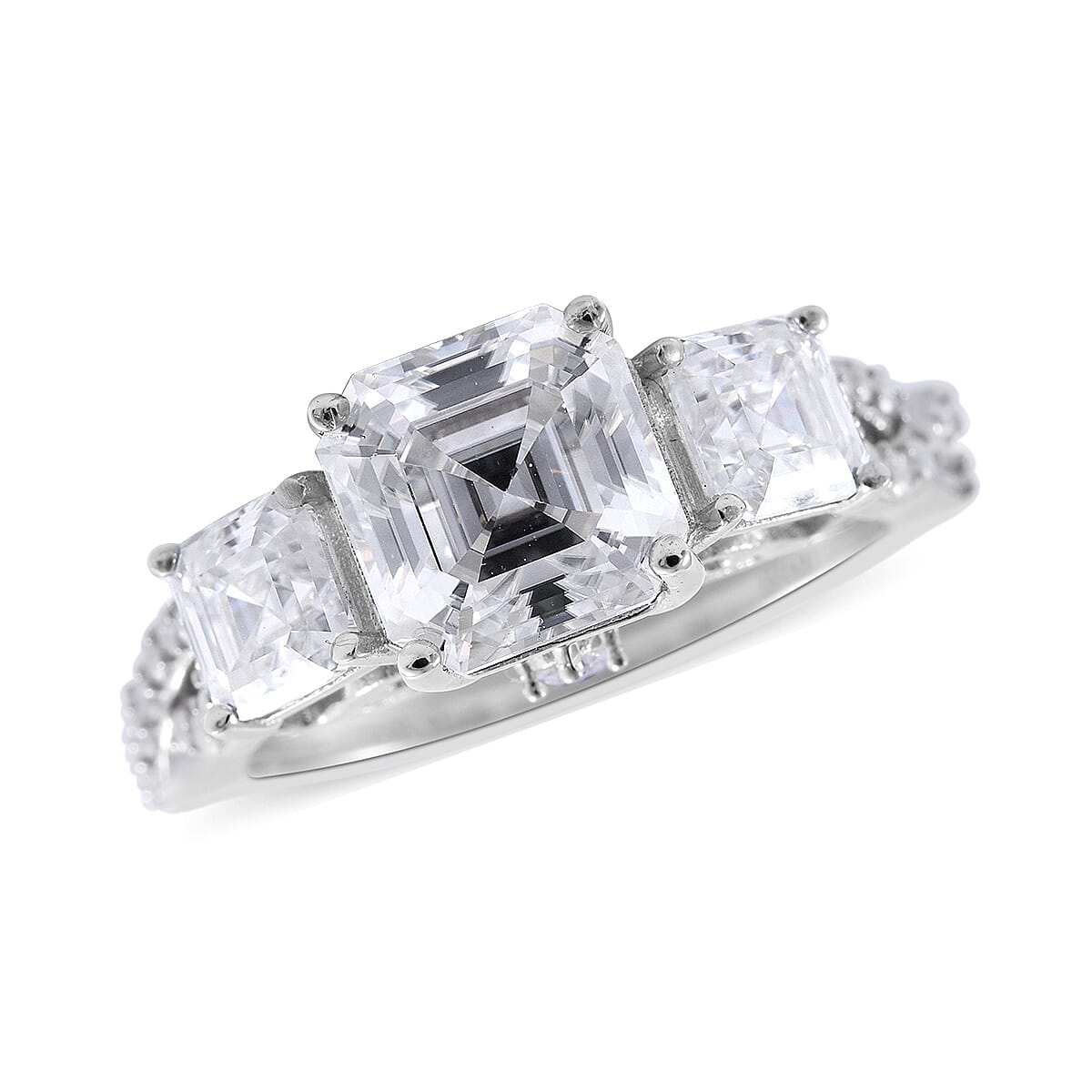 Asscher Cut Moissanite Ring in Platinum Over Sterling Silver (Size 9.0) 3.60 ctw