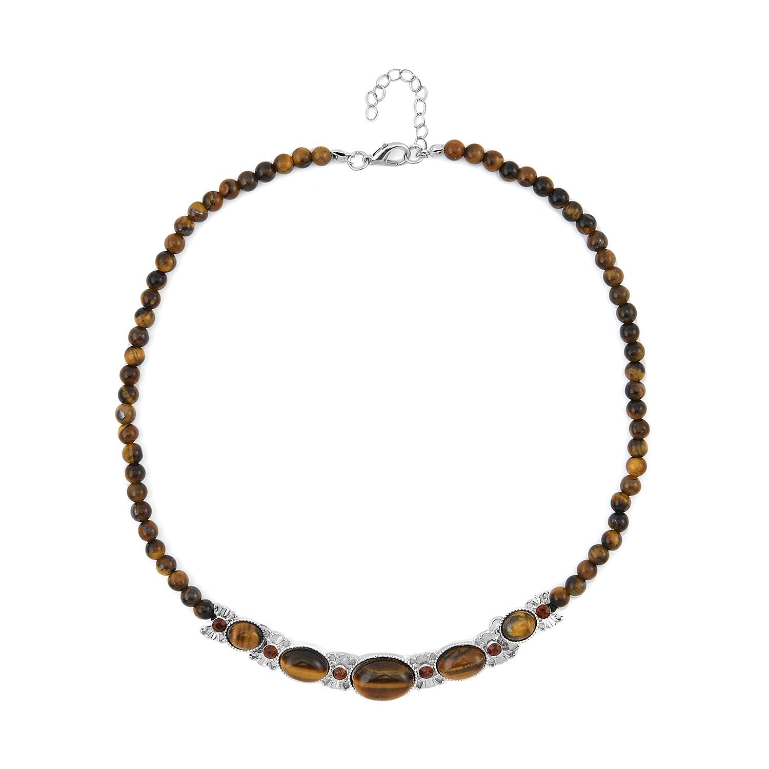 Yellow Tigers Eye and Brown Glass Beaded Necklace 18-20 Inches in Silvertone 133.00 ctw