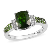 Natural Chrome Diopside and Natural White Zircon Ring in Platinum Over Sterling Silver 1.50 ctw