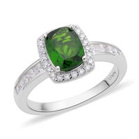 Natural Chrome Diopside, Moissanite Halo Ring in Rhodium Over Sterling Silver (Size 10.0) 1.85 ctw