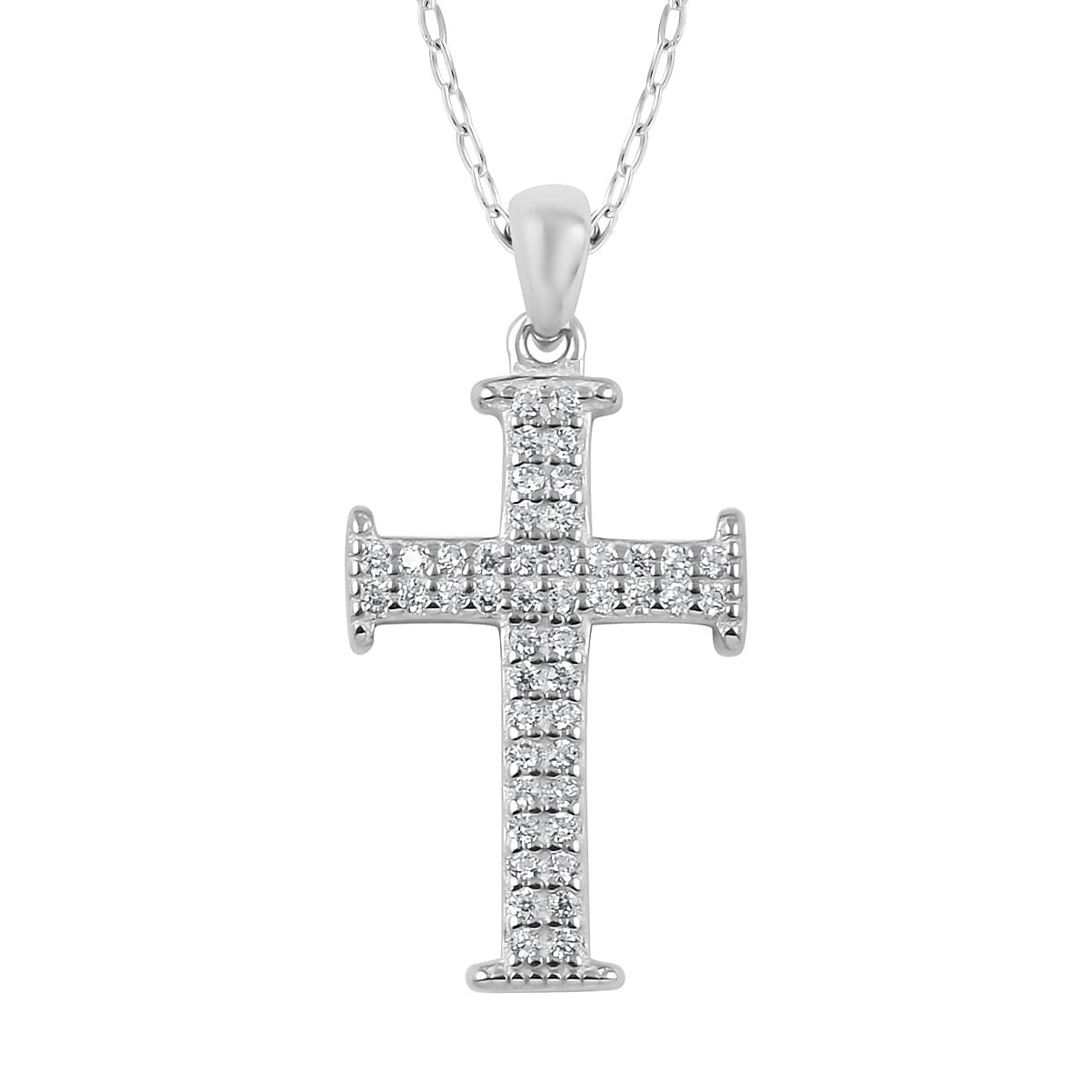 Simulated Diamond Studded Cross Pendant Necklace 18 Inches in Rhodium Over Sterling Silver 1.00 ctw
