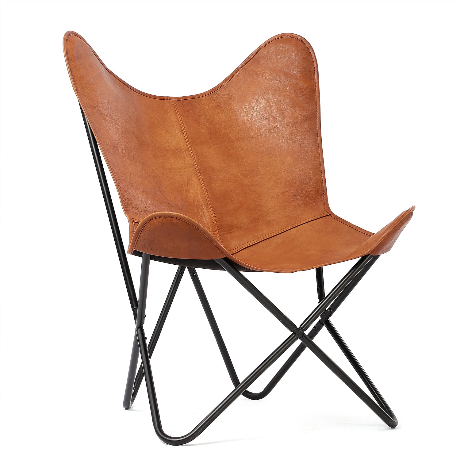 Butterfly chair in Genuine leather with Canvas Lining & Metal Frame SIZE: 36(L)x28(W)x20(H) inches COLOR: Tan