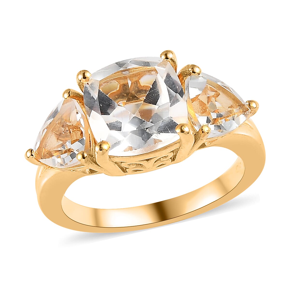 White Topaz 3 Stone Ring in Vermeil Yellow Gold Over Sterling Silver 4.60 ctw