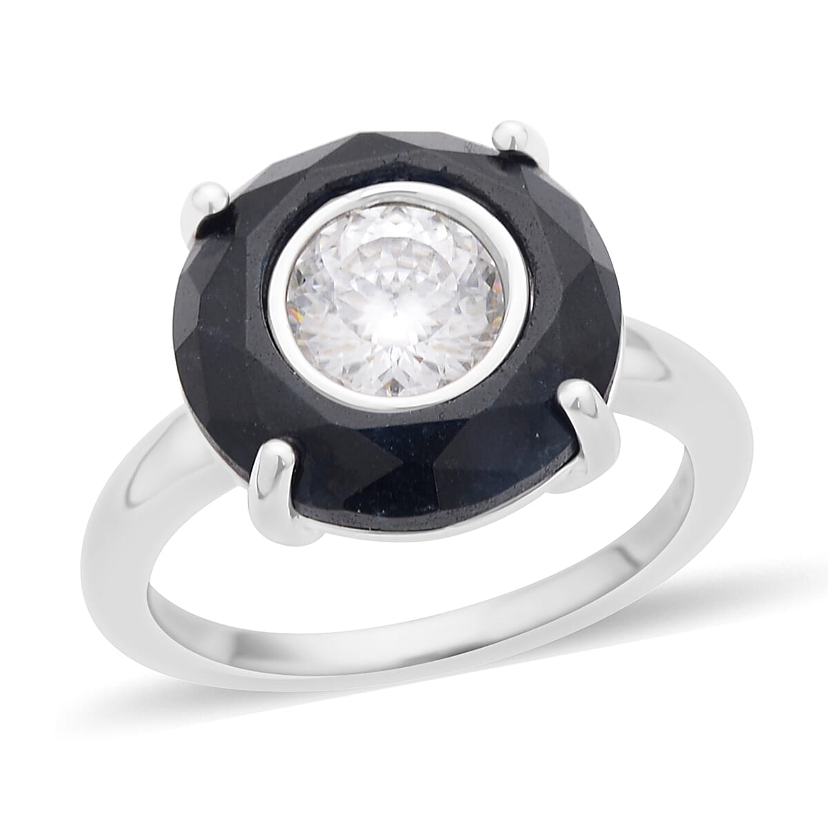 129 Facet Moissanite, Black Jade Halo Ring in Rhodium Over Sterling Silver (Size 10.0) 4.65 ctw