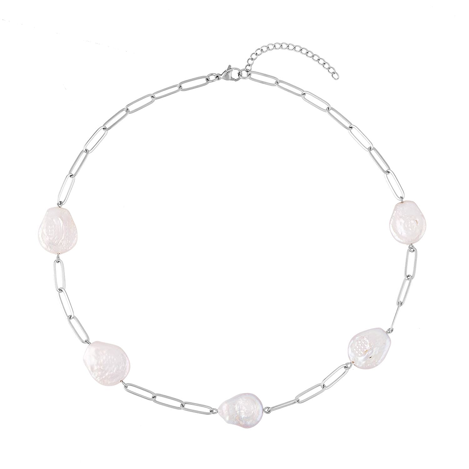 White Coin Freshwater Pearl Paper Clip Chain Necklace 18-20 Inches in Stainless Steel