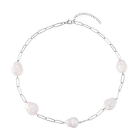 White Coin Freshwater Pearl Paper Clip Chain Necklace 18-20 Inches in Stainless Steel