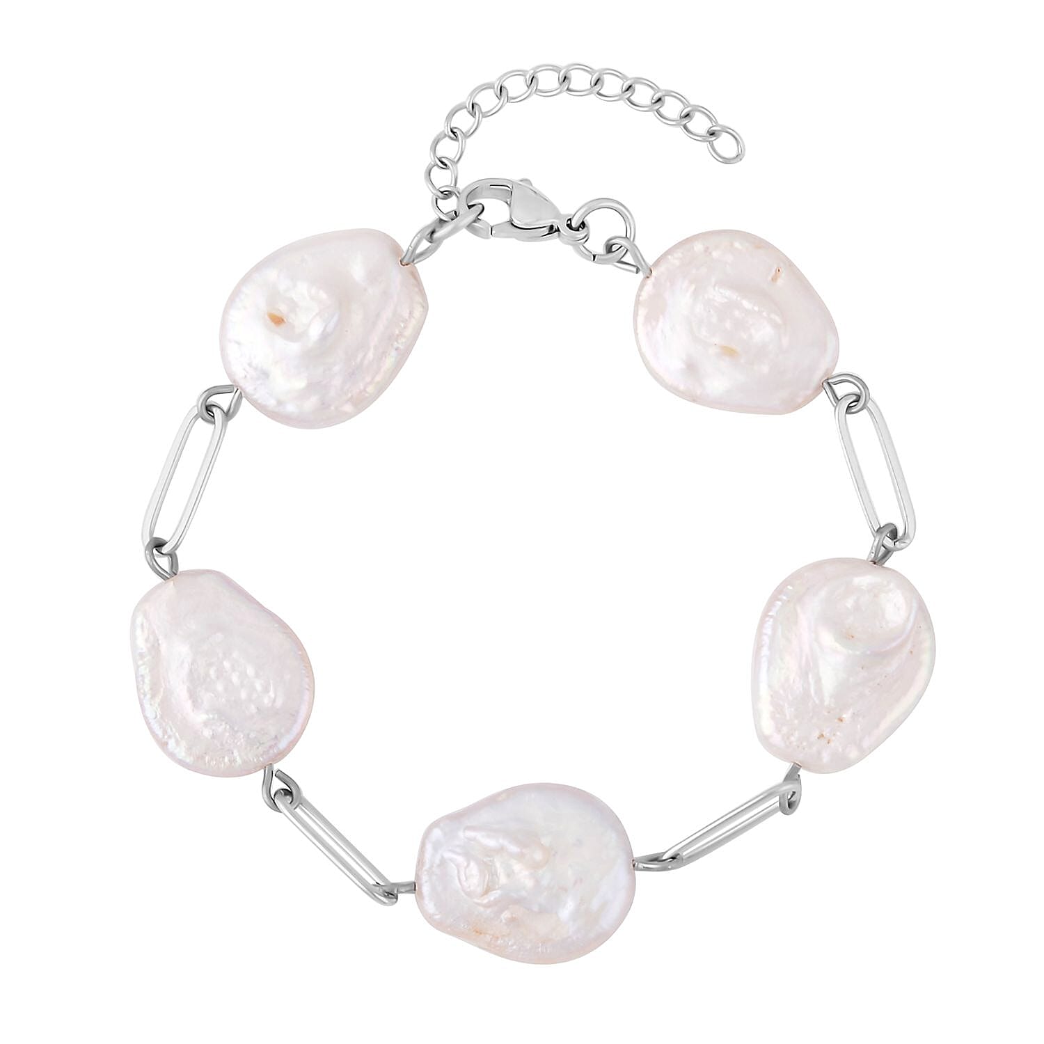 White Coin Freshwater Pearl Paperclip Station Bracelet in Stainless Steel (7.50-8.50In)