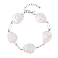 White Coin Freshwater Pearl Paperclip Station Bracelet in Stainless Steel (7.50-8.50In)