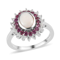 Australian White Opal and Multi Gemstone Double Halo Ring in Platinum Over Sterling Silver 1.75 ctw