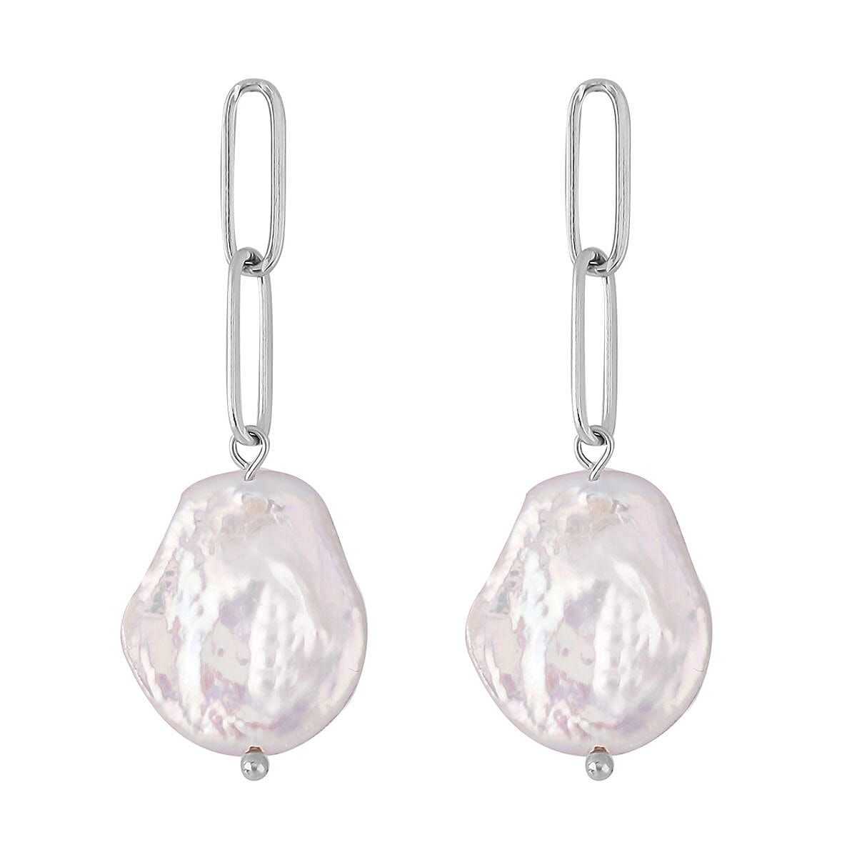 White Coin Freshwater Pearl Paperclip Earrings in Stainless Steel