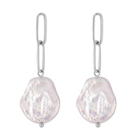 White Coin Freshwater Pearl Paperclip Earrings in Stainless Steel