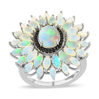 Australian White Opal and Natural Thai Black Spinel Floral Ring in Platinum Over Sterling Silver 3.10 ctw