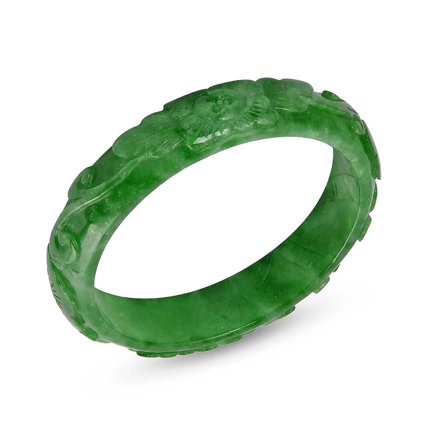 Green Jade Carved Flower Bangle Bracelet (7.25 In) 282.50 ctw