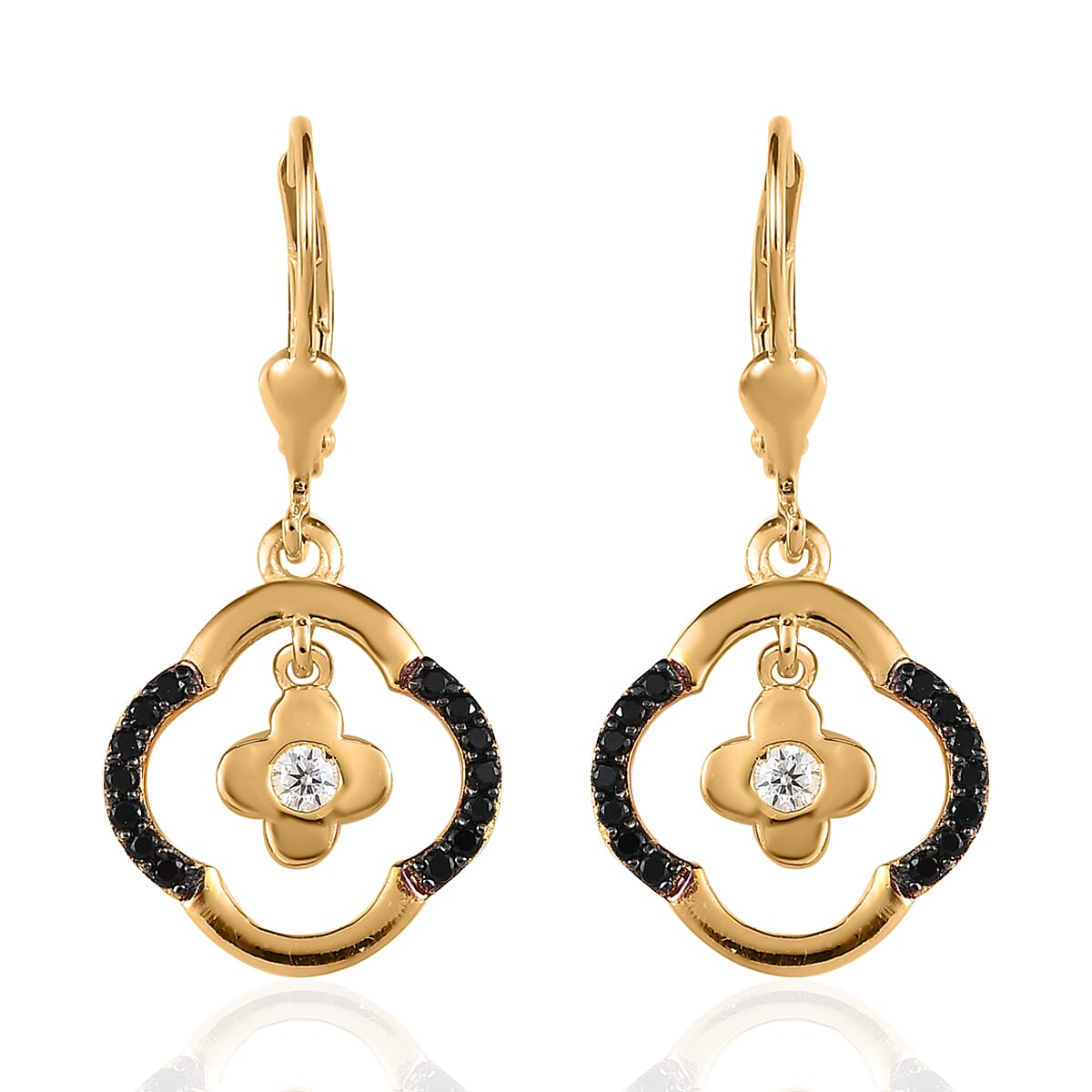 Moissanite and Thai Black Spinel Floral 4 leaf Clover Earrings in Vermeil YG Over Sterling Silver 0.40 ctw
