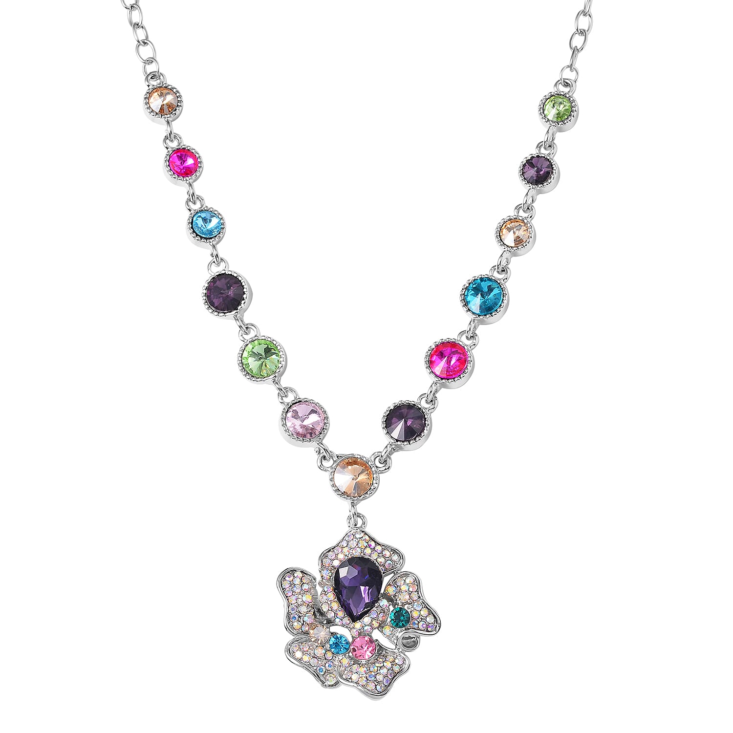 Multi Color Austrian Crystal Necklace 20-22 Inches in Silvertone
