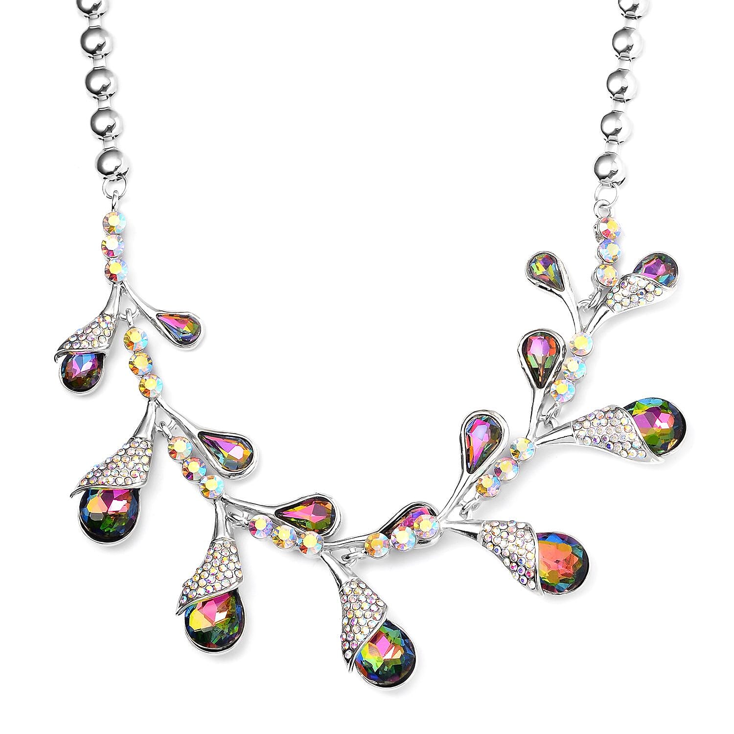 Mystic Color Glass and Aurora Borealis Austrian Crystal Necklace 20-22 Inches in Silvertone
