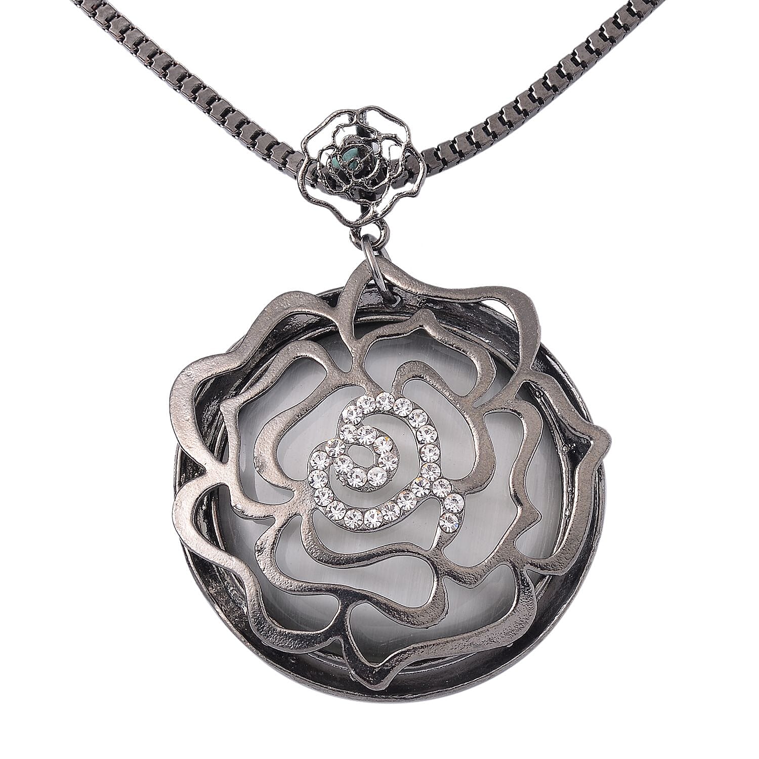 Lab Created White Cat's Eye and Austrian Crystal Floral Necklace 29-31 Inches in Black Silvertone