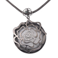 Lab Created White Cat's Eye and Austrian Crystal Floral Necklace 29-31 Inches in Black Silvertone