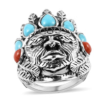 Artisan Crafted American Natural Sleeping Beauty Turquoise and Mediterranean Coral Chief Ring in Sterling Silver 13.85 Grams 3.15 ctw