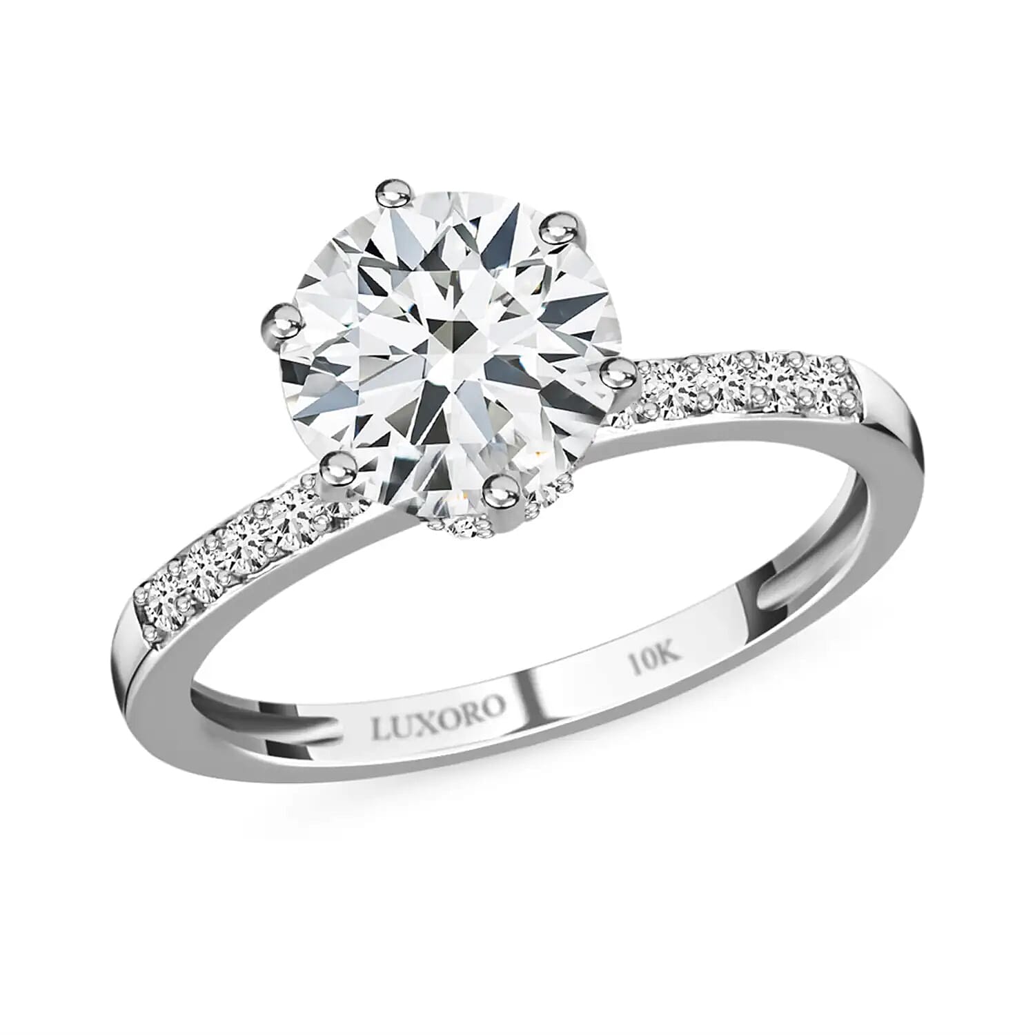 One Time Only LUXORO 10K White Gold 100 Facets Moissanite (Rnd 8mm) Ring (Size 10.0) 1.90 ctw