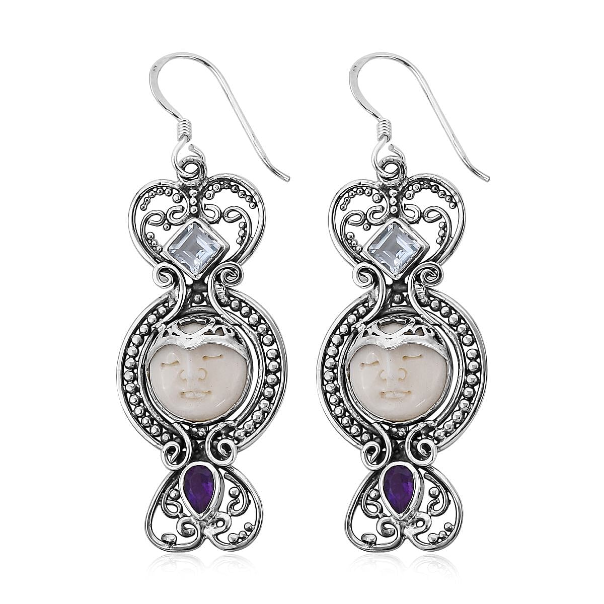 Bali Goddess Carved Bone and Sky Blue Topaz Floral Earrings in Sterling Silver 0.85 ctw