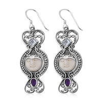 Bali Goddess Carved Bone and Sky Blue Topaz Floral Earrings in Sterling Silver 0.85 ctw