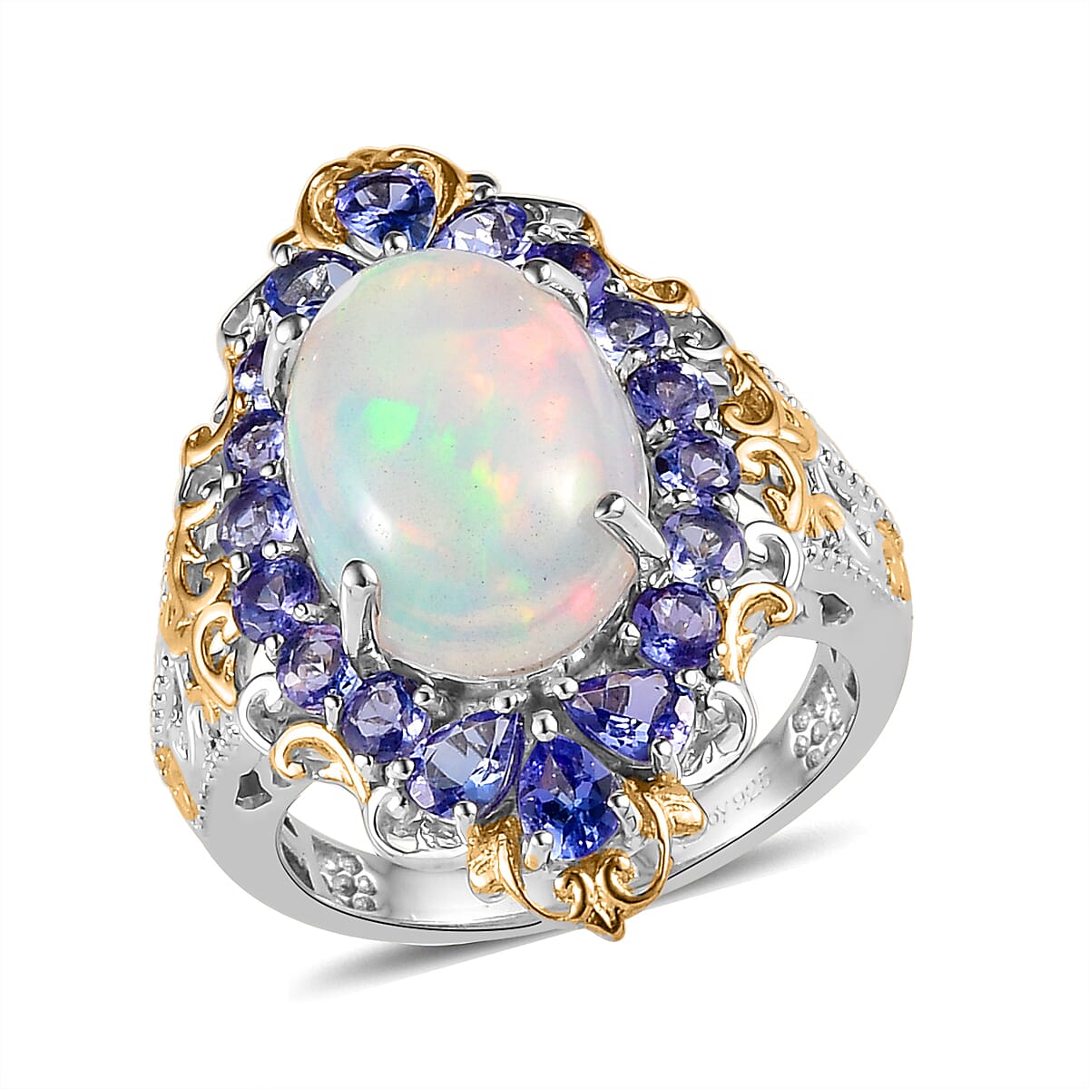 Premium Ethiopian Welo Opal and Tanzanite Halo Ring in Vermeil YG and Platinum Over Sterling Silver 4.30 ctw