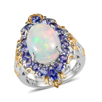Premium Ethiopian Welo Opal and Tanzanite Halo Ring in Vermeil YG and Platinum Over Sterling Silver 4.30 ctw